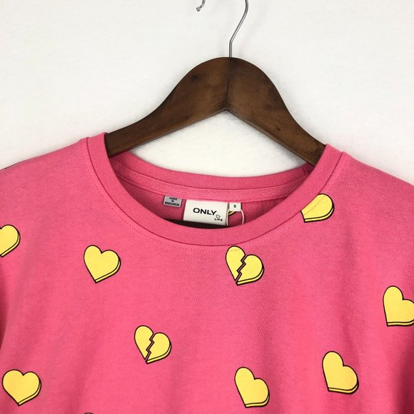 ONLY NWT Women's Size S Pink Lemonade Yellow Hearts O-Neck Cropped Sweatshirt - Picture 2 of 11